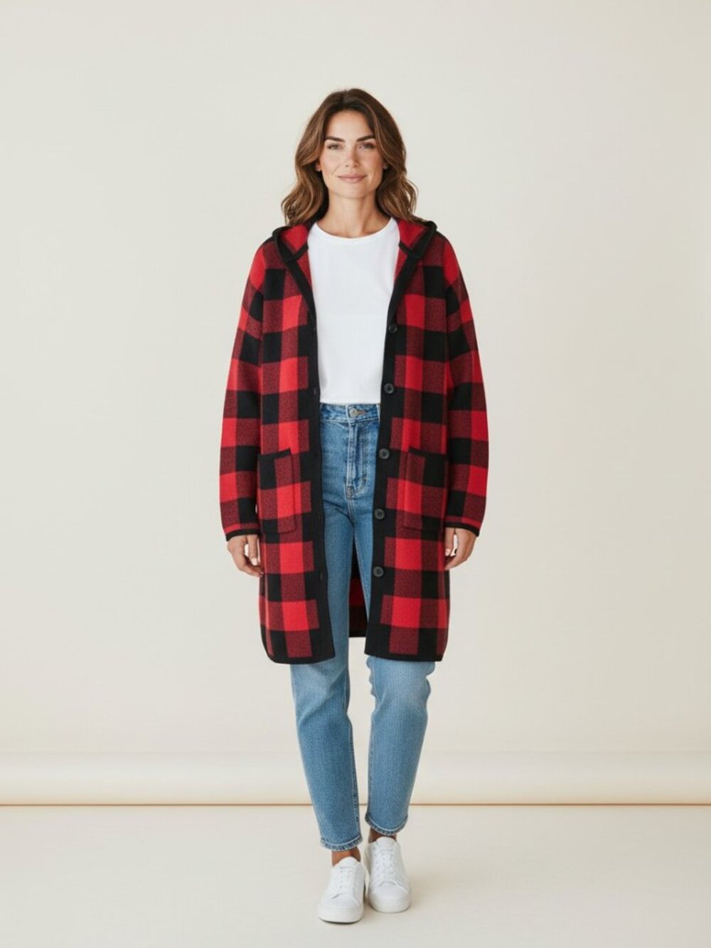 D&Co. Red Black Buffalo Plaid Knit Cardigan Sweater Duster Jacket Women's SP
